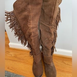 Naughty Monkey Brown Suede Frilly Fanta Over-the-knee Fr he Boots - Size 11